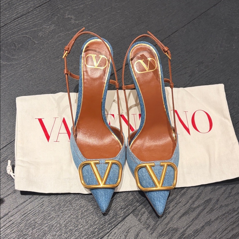 Valentino Denim Slingback Pumps with Gold V Buckle